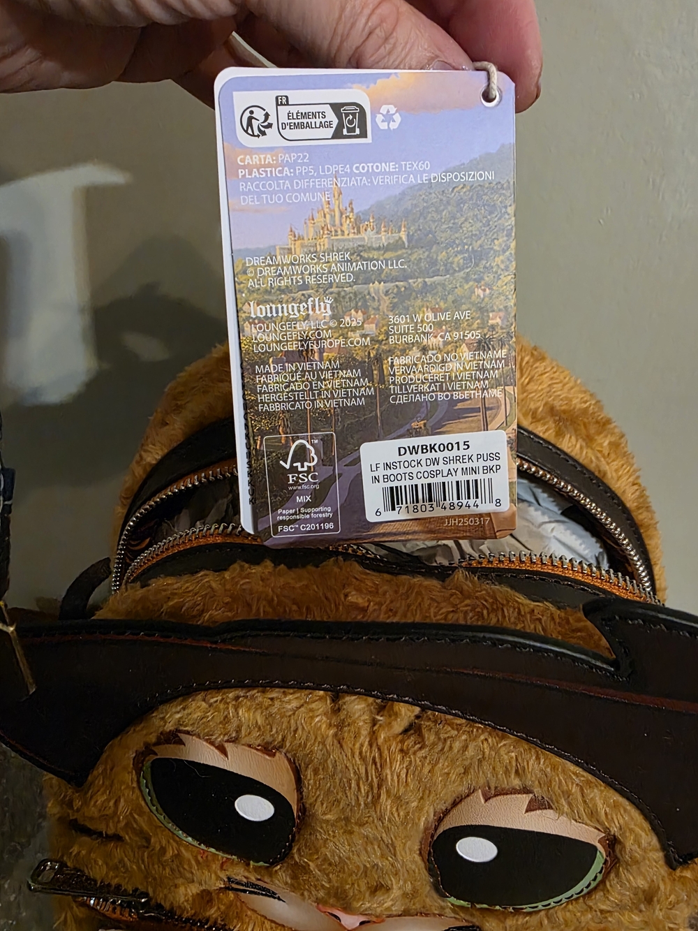 Loungefly Puss in Boots Plush Cat Mini Backpack - Brown - Picture 8 of 8